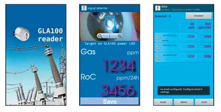 GLA 100 снабжен специальным приложение, раз- работанным на платформе Android. Приложение позволяет быстро получить данные о содержа- нии газов H2 и СO с датчика в ppm.
